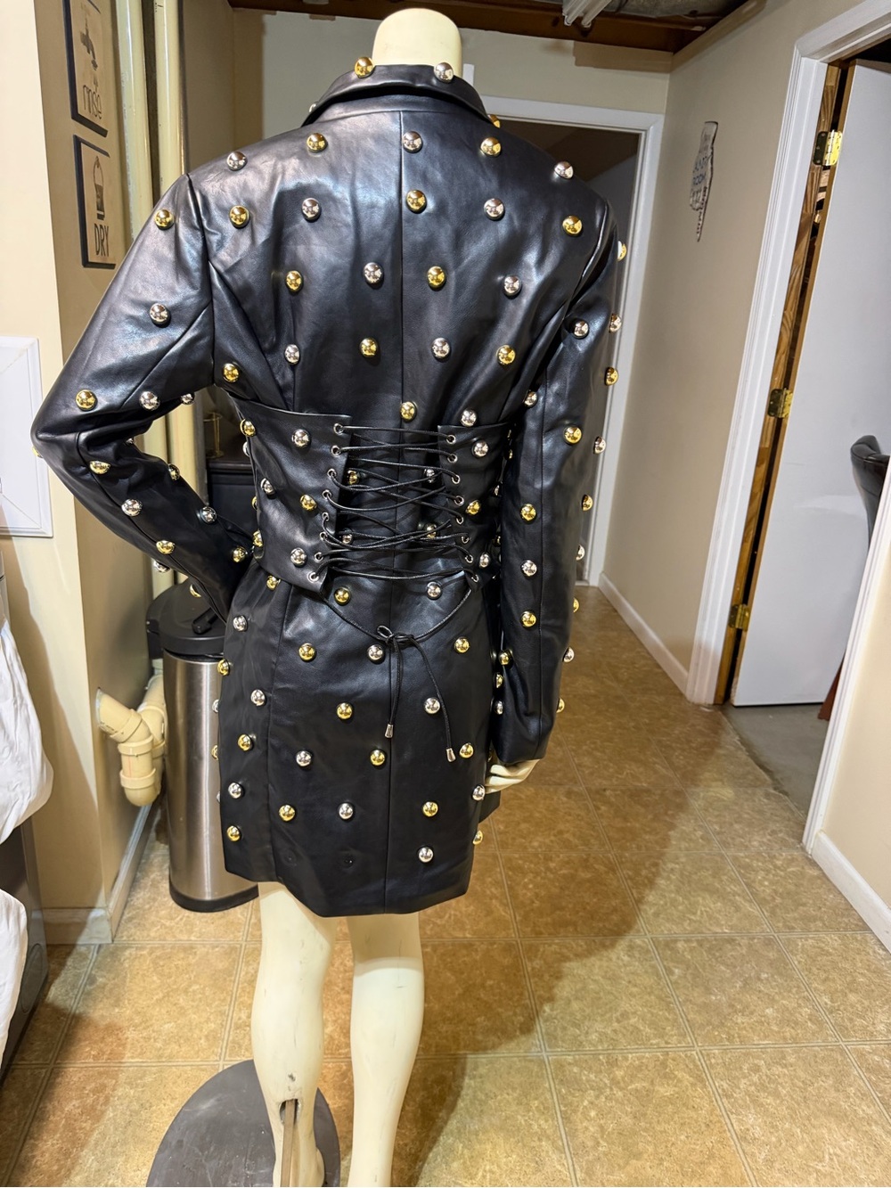 AKIRA Black Leather Studded Long sleeve dress with Gold & Silver Accents - Picture 3 of 4